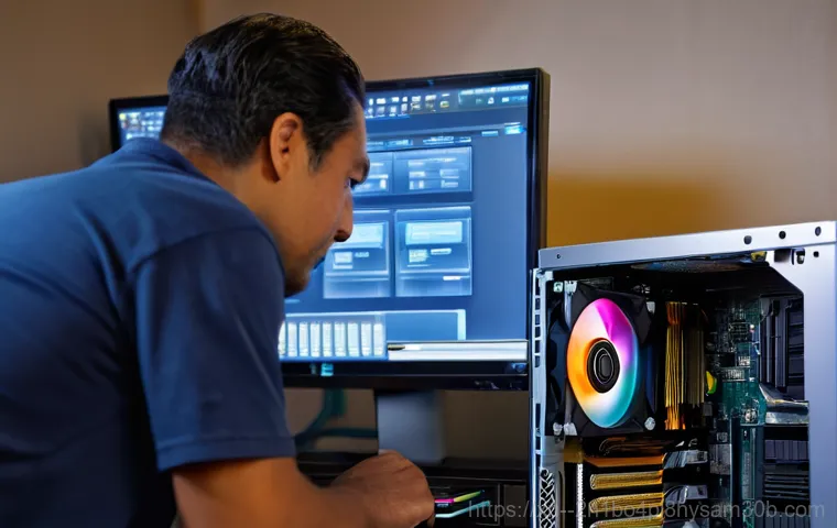 충현동 그래픽카드조립 및 교체수리 - An interior shot of a computer case, with a strong emphasis on the graphics card's cooling fan. The ... 충현동 그래픽카드조립 및 교체수리 - An interior shot of a computer case, with a strong emphasis on the graphics card's cooling fan. The ...