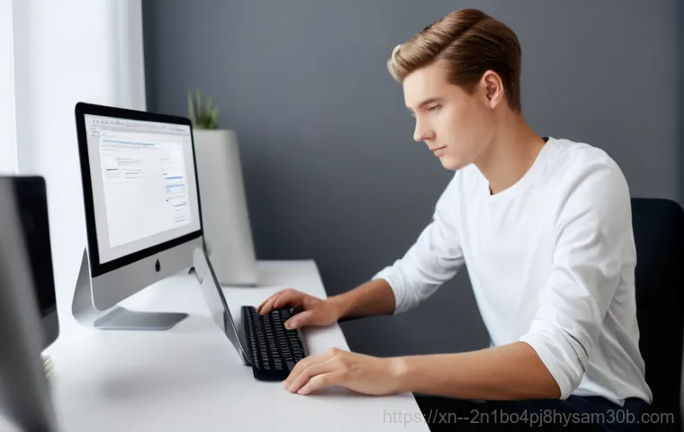 설문동 f4키 누르라고 할때 - A focused young professional, dressed in smart-casual attire, sits at a modern workstation with a la... 설문동 f4키 누르라고 할때 - A focused young professional, dressed in smart-casual attire, sits at a modern workstation with a la...