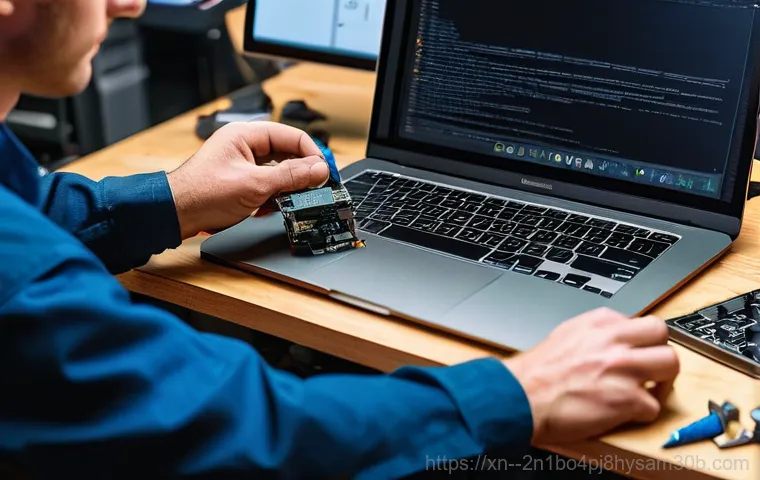 행주동 맥북에어 판매 및 수리 - A young adult (gender-neutral) meticulously inspecting a sleek, silver MacBook Air in a well-lit, mo... 행주동 맥북에어 판매 및 수리 - A young adult (gender-neutral) meticulously inspecting a sleek, silver MacBook Air in a well-lit, mo...