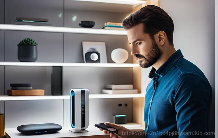 북한동 STATUS_DEVICE_OFFLINE - **Prompt:** A focused man in his mid-30s, wearing casual smart attire, kneels beside a modern Wi-Fi ... 북한동 STATUS_DEVICE_OFFLINE - **Prompt:** A focused man in his mid-30s, wearing casual smart attire, kneels beside a modern Wi-Fi ...