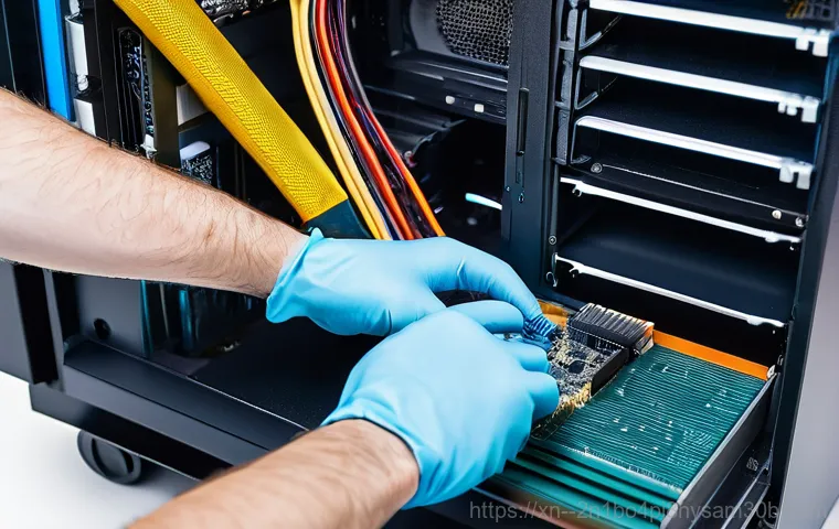 신계동 부팅안됨 - A young professional, appearing stressed, sits at a modern desk, staring intently at a completely bl...