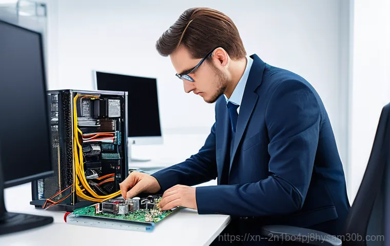 신창동 워크스테이션출장방문수리점 - **Prompt:** A frustrated professional, either male or female, in a modern, well-lit home office, sta...