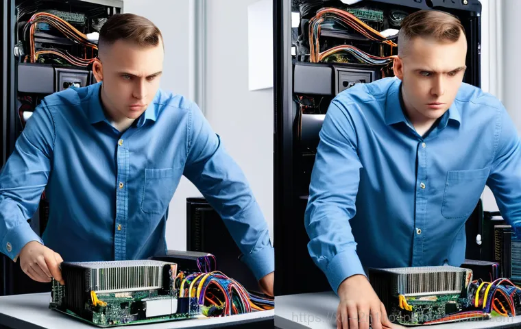 망우동 cpu조립 및 교체수리 - A person (gender-neutral, adult, wearing a t-shirt) sitting at a desk, looking at a completely black... 망우동 cpu조립 및 교체수리 - A person (gender-neutral, adult, wearing a t-shirt) sitting at a desk, looking at a completely black...