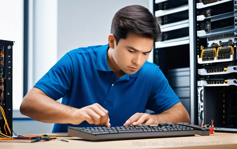 인수동 블루스크린 - A close-up shot of a modern computer monitor displaying a vibrant blue screen with a clear "STOP cod...
