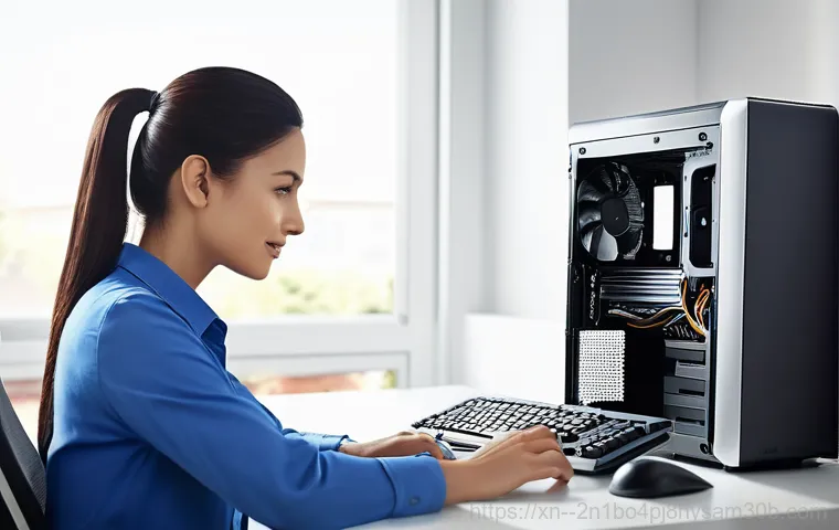 인수동 블루스크린 - A detailed image of a computer technician, dressed in a clean, professional polo shirt, carefully in...