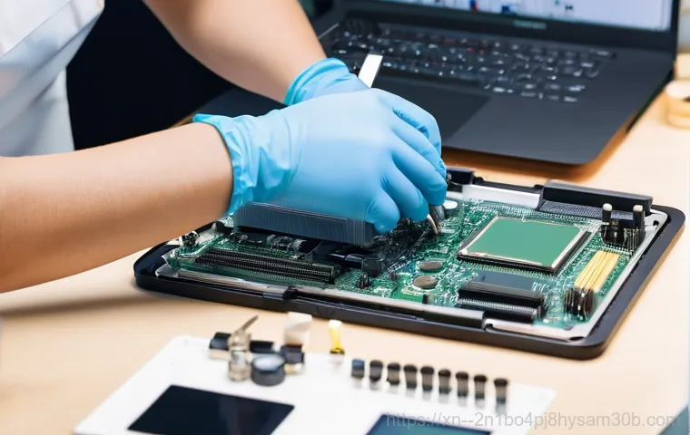 팔판동 맥북에어 판매 및 수리 - A meticulous male Apple expert, wearing a clean, professional lab coat, is carefully inspecting a sl...