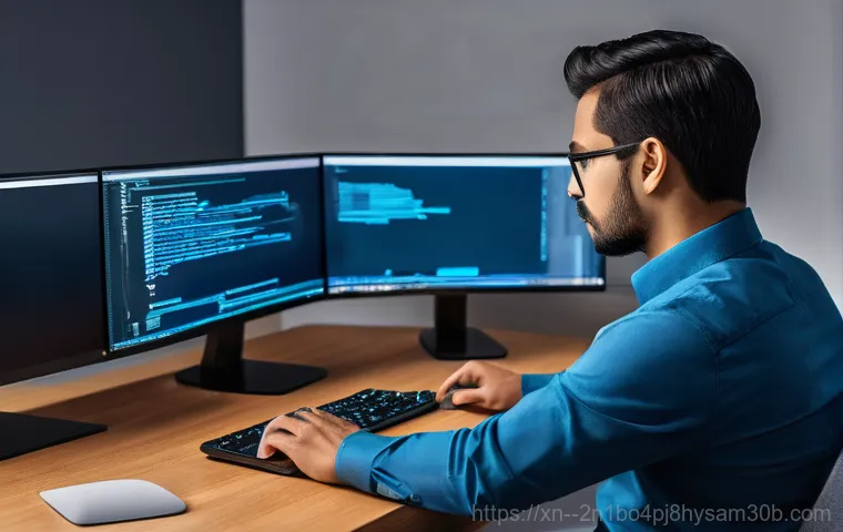 마장동 SYSTEM_SERVICE_EXCEPTION - A young adult, appearing perplexed and slightly frustrated, sits in a dimly lit home office in front...