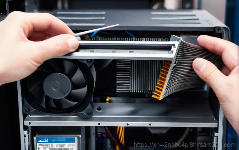 흥인동 THREAD_STUCK_IN_DEVICE_DRIVER - **Prompt:** A person with a focused expression is carefully working inside an open computer tower on...