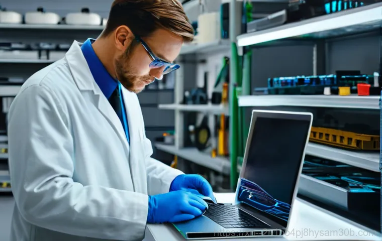 다동 맥북프로 판매 및 수리 - A person with a distressed expression looks down at their MacBook, which has a visibly cracked scree...