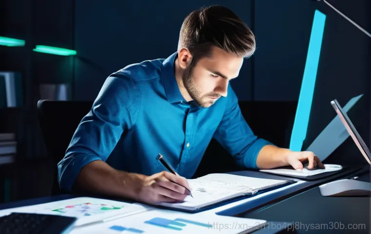 원문동 STATUS_PRIVILEGED_INSTRUCTION - **Prompt:** A young adult, gender-neutral individual sits hunched over a desktop computer in a dimly...