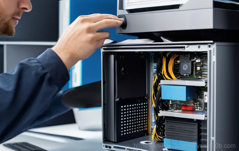 선유동 SESSION3_INITIALIZATION_FAILED - A close-up shot of a person's hands, wearing light blue latex gloves, carefully removing a RAM stick...