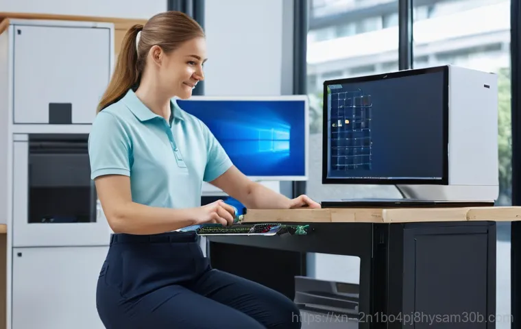 난향동 server출장방문수리점 - A young adult (male or female, wearing casual everyday clothes like a t-shirt and jeans) sits at a m...