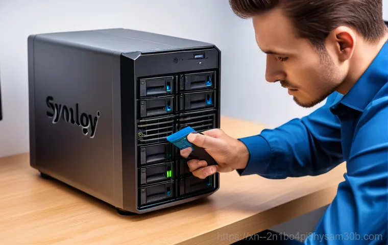 삼청동 나스 nas 설정및수리 - A person, dressed in a neat polo shirt and jeans, is meticulously setting up a modern Synology NAS d... 삼청동 나스 nas 설정및수리 - A person, dressed in a neat polo shirt and jeans, is meticulously setting up a modern Synology NAS d...