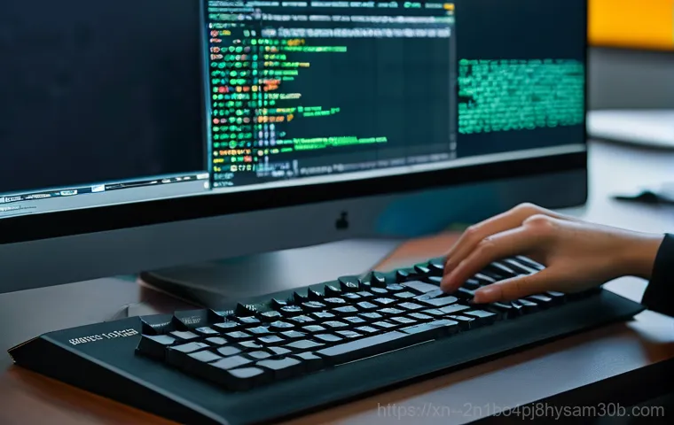 동선동 STATUS_KERNEL_PERMISSION_DENIED - A male developer, mid-30s, with a slightly disheveled look, sits intensely focused in a dimly lit se...