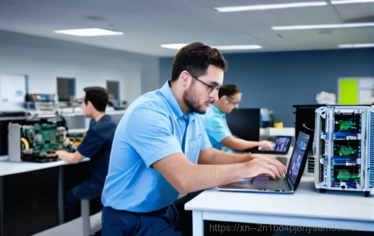 과해동 pc복구중 - A young female office worker sits at her desk, looking distressed at her laptop screen, which displa...