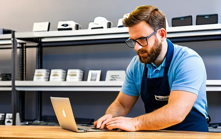 원흥동 맥북프로 판매 및 수리 - **Prompt 1: Unexpected Screen Damage and Frustration**
    "A close-up shot of a young professional ...