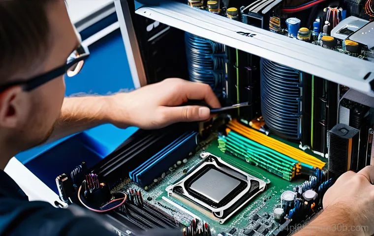 산천동 메인보드조립 및 교체수리 - A person, appearing frustrated, looking at a desktop computer tower with a completely black screen. ... 산천동 메인보드조립 및 교체수리 - A person, appearing frustrated, looking at a desktop computer tower with a completely black screen. ...