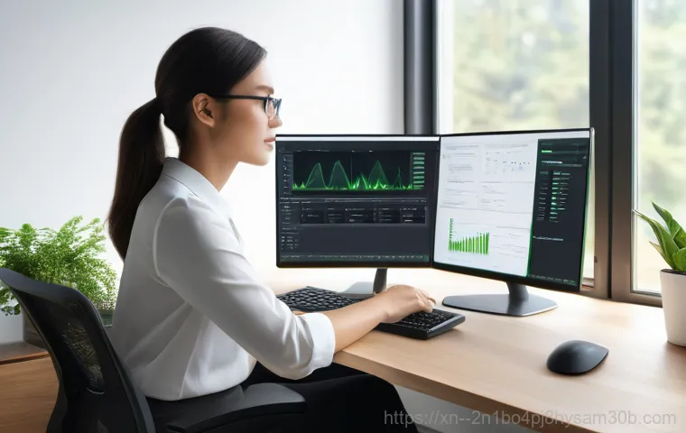 길동 USER_MODE_HEALTH_MONITOR - A detailed shot of a person, mid-20s to mid-30s, intently examining the internal components of a des...