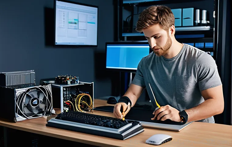 화동 NTFS_FILE_SYSTEM - A young adult, dressed in a modest casual outfit, sits at a desk in a home office, eyes wide with a ...