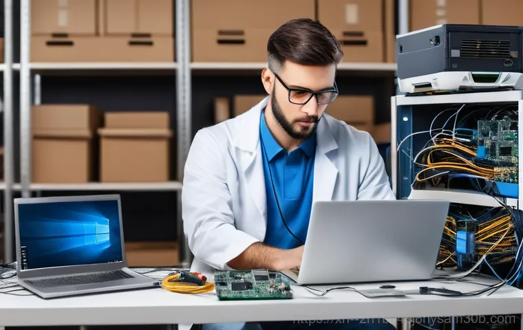 청진동 하드조립 및 교체수리 - A frustrated person sitting at a desk, looking at an old, slow laptop with a spinning loading wheel ...