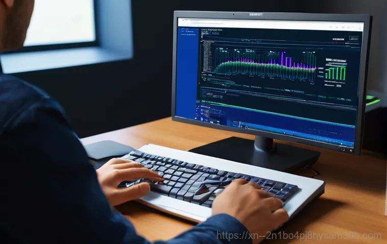 연건동 PROCESS_HAS_LOCKED_PAGES - A young adult, looking visibly stressed and frustrated, sits in front of a computer monitor displayi...