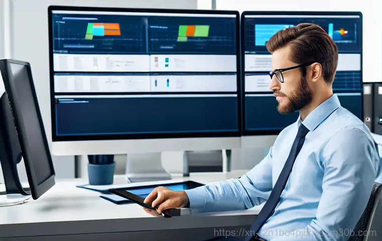 증산동 SYSTEM_LICENSE_VIOLATION - A professional, dressed in smart, business-casual attire, is deeply focused on a laptop in a modern,...