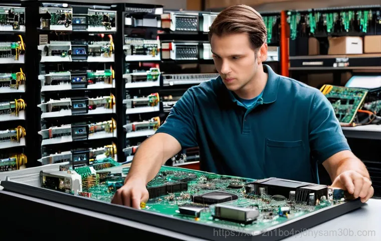 잠실동 메인보드조립 및 교체수리 - A highly detailed shot of a professional computer technician, wearing an anti-static wrist strap, me...