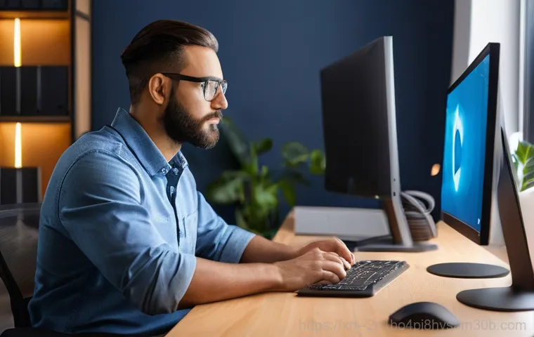 정동 컴퓨터 desktop 출장방문수리점 - A stressed young professional, in their late 20s, with a look of exasperation on their face, stares ...