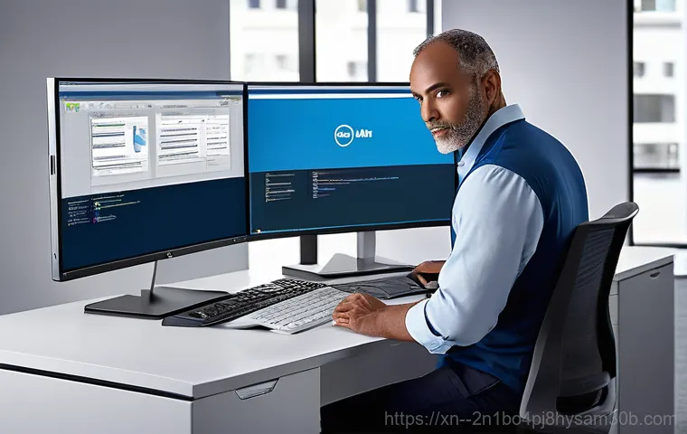 부림동 워크스테이션출장방문수리점 - A person in their late 30s, dressed in comfortable casual wear, kneels beside a desktop computer tow... 부림동 워크스테이션출장방문수리점 - A person in their late 30s, dressed in comfortable casual wear, kneels beside a desktop computer tow...