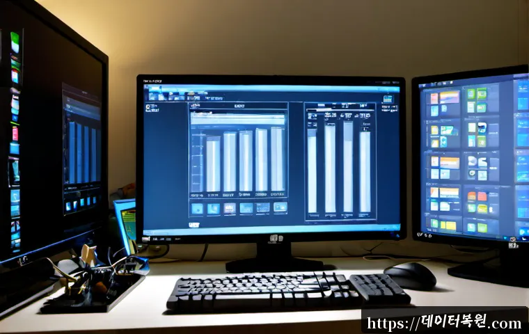 한강로 자동복구 - Photorealistic computer recovery workstation in a compact Yongsan electronics repair studio near Han...