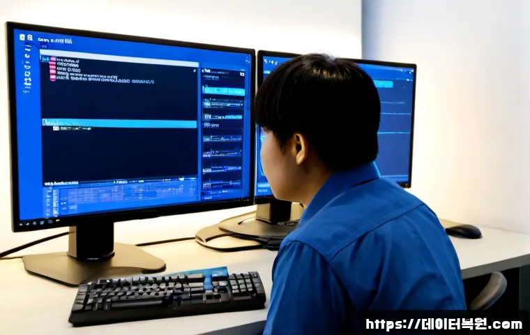 쌍림동 STATUS_KERNEL_THREAD_TIMEOUT - Photorealistic remote-support workstation in a compact Seoul office near Ssangnim-dong, dual monitor...