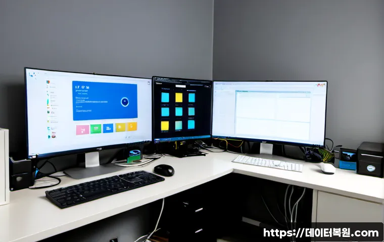 미아동 FAT_FILE_SYSTEM - Photorealistic IT support workstation in a compact Mia-dong apartment office, dual monitors showing ...