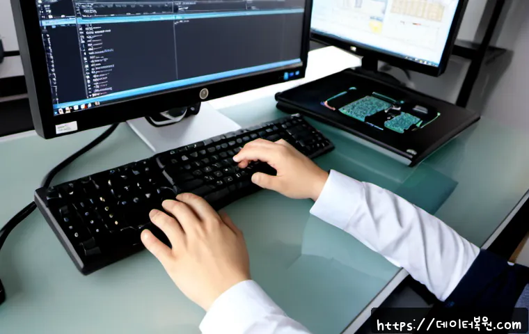 예관동 f4키 누르라고 할때 - Photorealistic IT support workstation in a compact Ye-gwan-dong office, a technician’s hand pressing...