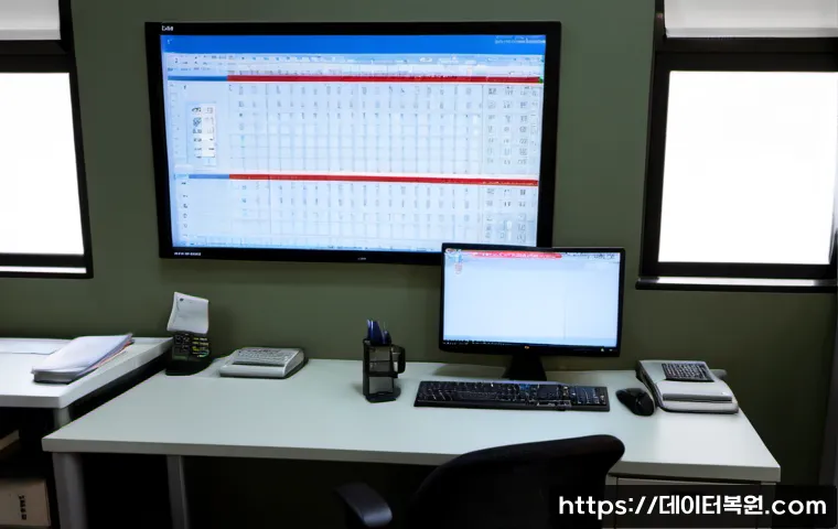 예관동 STATUS_FLOAT_DIVIDE_BY_ZERO - Photorealistic software support workstation in a compact Seoul-style office, dual monitors showing a...