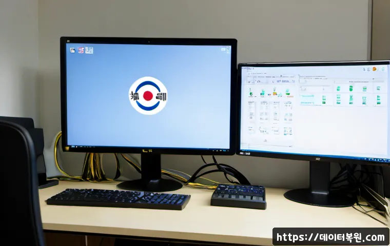 와룡동 SESSION5_INITIALIZATION_FAILED - Photorealistic IT support workstation in a compact Waryong-dong office, dual monitors showing a blan...