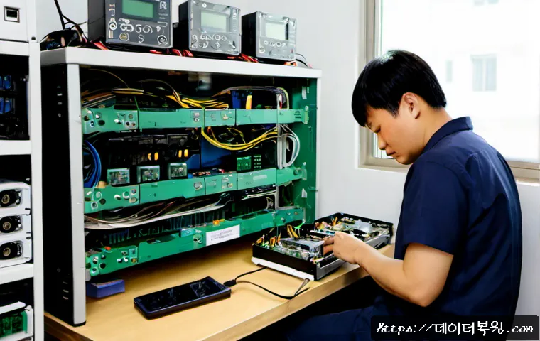 필운동 파워조립 및 교체수리 - Photorealistic computer repair bench in a compact Pil-dong electronics workshop, technician installi...