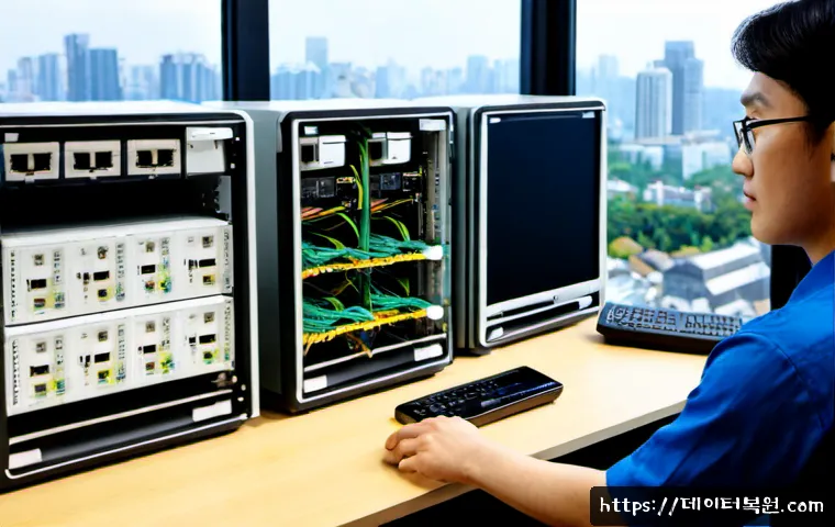 청량리동 네트워크구축 설정 및 세팅오류해결 - Photorealistic IT technician configuring a compact office network rack, router, switch, neatly organ...