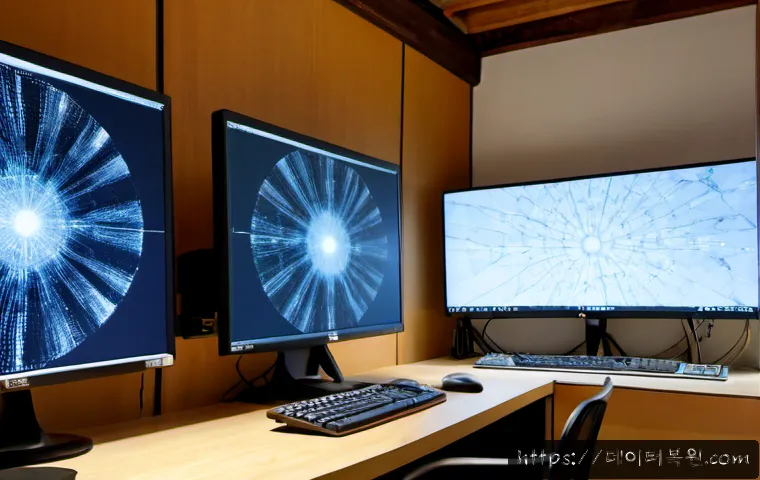 관훈동 STATUS_KERNEL_CONNECTION_TIMEOUT - Photorealistic IT support workstation in a quiet historic-art district office, dual monitors showing...