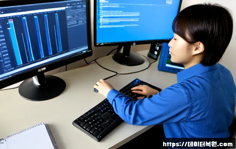 청운동 STATUS_KERNEL_LOG_FAILURE - Photorealistic IT support workstation in a quiet hillside residential office, dual monitors showing ...
