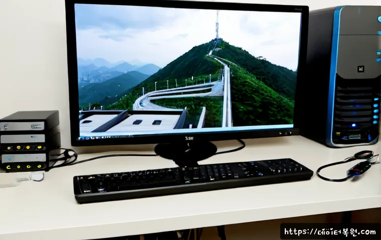 성현동 신호없음 - Photorealistic remote support workstation in a compact hillside apartment, dual monitors showing a b...