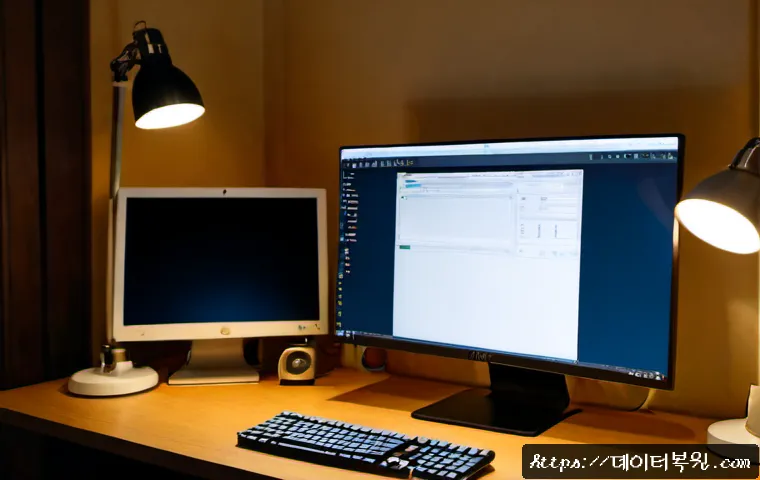 효제동 STATUS_INVALID_PAGE - Photorealistic desktop support workstation in Hyoje-dong, Seoul, dual monitors showing a blank unlab...