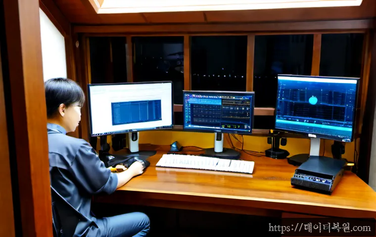 소격동 케이블연결확인 - Photorealistic compact creative studio in Sokgyeok-dong, technician carefully reseating Ethernet and...