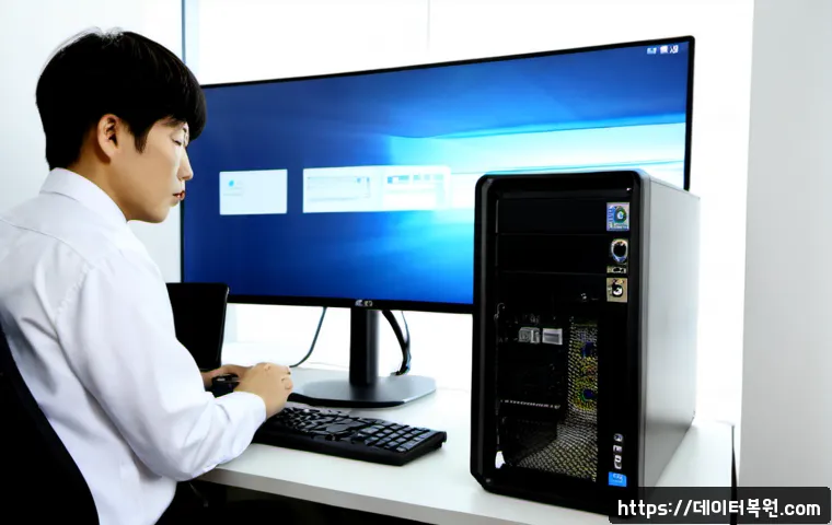 과천동 PAGE_FAULT_IN_NONPAGED_AREA - Photorealistic IT support workstation in a modern Gwacheon office, dual monitors showing a blank blu...