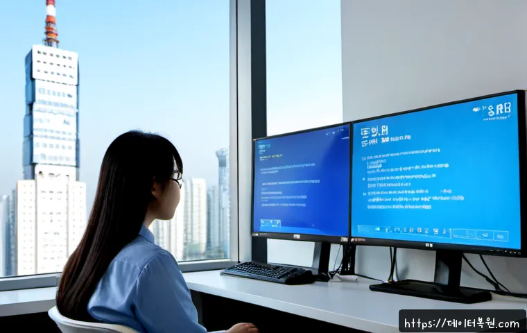 상일동 DRIVER_VERIFIER_DETECTED_VIOLATION - Photorealistic IT support workstation in a modern eastern Seoul office, dual monitors showing a text...