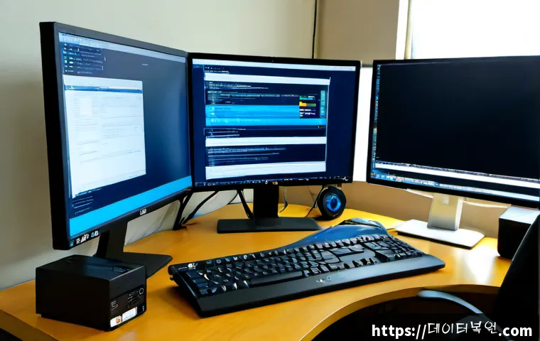 오곡동 centos재설치 포맷  초기화 - Photorealistic remote IT support workstation in a quiet Ogok-dong office, dual monitors showing a cl...