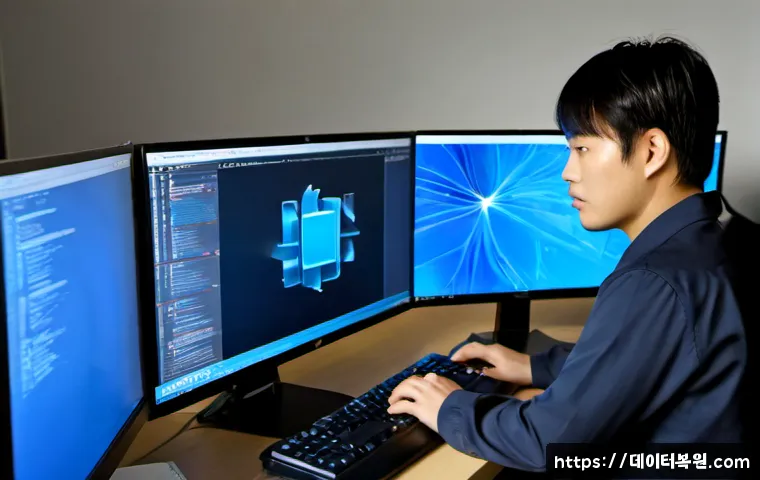 우장산 NTFS_FILE_SYSTEM - Photorealistic IT technician diagnosing a blue-screen desktop workstation in a quiet office near a w...