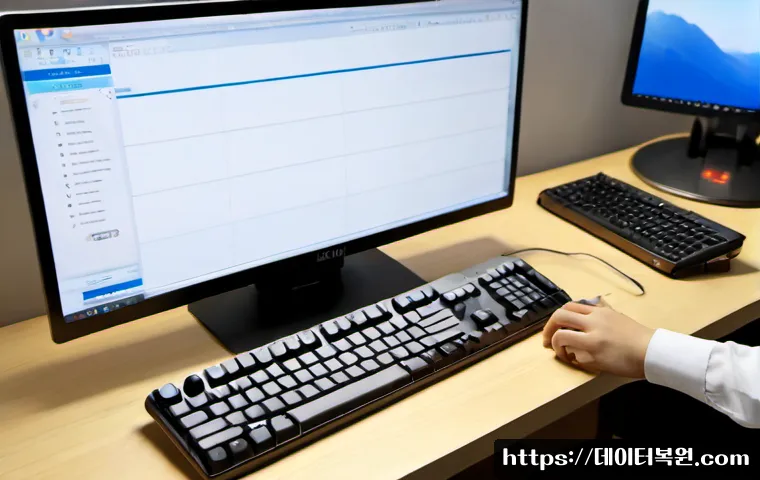 개봉동 f4키 누르라고 할때 - Photorealistic remote-support workstation in a compact Guro-gu apartment office, close view of a han...