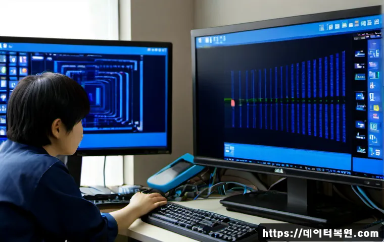고양동 SYSTEM_THREAD_EXCEPTION_NOT_HANDLED - Photorealistic IT support workstation in a quiet suburban Korean apartment, dual monitors showing a ...