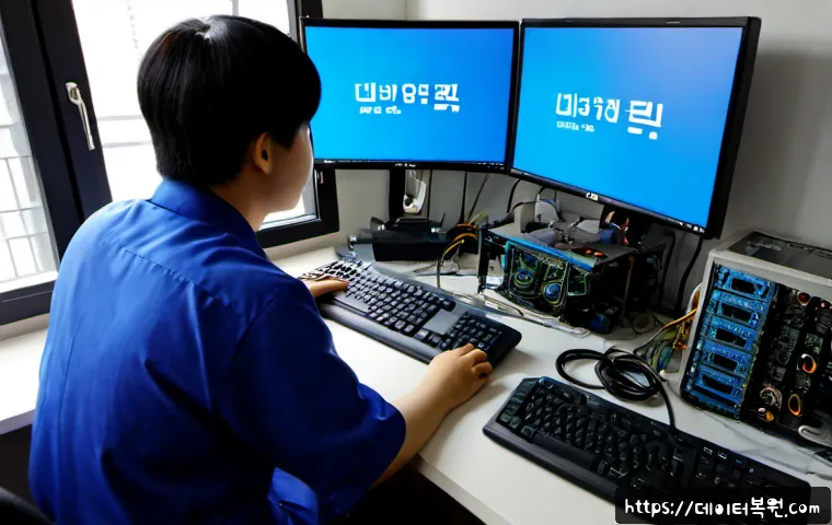 고양동 pc에 문제가 발생하여 다시 시작해야 합니다 - Photorealistic PC repair workstation in a compact Goyang-dong office, dual monitors with a blank blu...