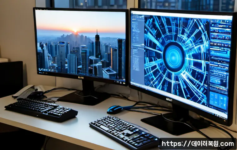 당산동 STATUS_KERNEL_MEMORY_LEAK - Photorealistic IT support workstation in a compact Dangsan-dong office, dual monitors showing a froz...